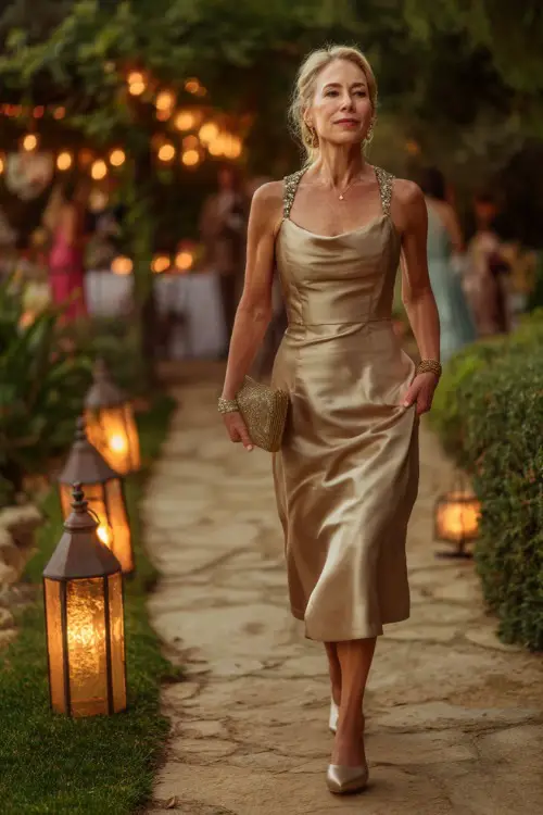 A refined woman over 50 in a champagne-colored midi dress with an embellished neckline and clutch bag, walking along a path toward an elegant wedding reception under lanterns 