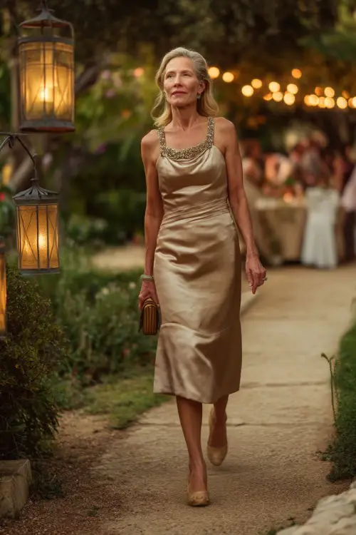A refined woman over 50 in a champagne-colored midi dress with an embellished neckline and clutch bag, walking along a path toward an elegant wedding reception under lanterns 