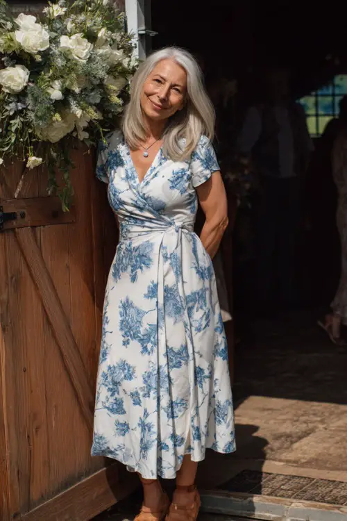 A smiling woman over 50 in a breezy white and blue print midi dress with short sleeves and tan wedges, posing near a floral entrance at a countryside barn wedding in summer 