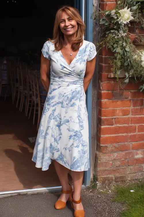 A smiling woman over 50 in a breezy white and blue print midi dress with short sleeves and tan wedges, posing near a floral entrance at a countryside barn wedding in summer