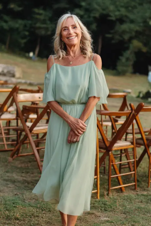 A smiling woman over 50 in a pastel green flowy dress with flutter sleeves and heels, standing near wooden chairs at a rustic outdoor wedding 