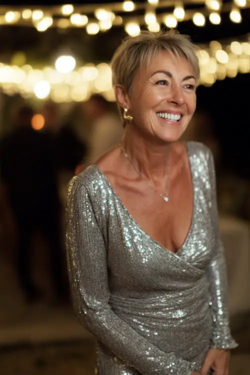 A smiling woman over 50 in a silver midi dress with sequin details and long sleeves, standing under string lights at an evening wedding reception 