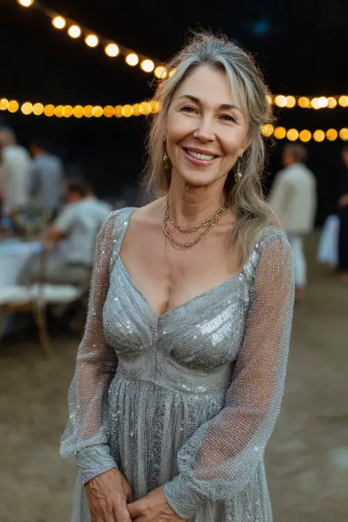 A smiling woman over 50 in a silver midi dress with sequin details and long sleeves, standing under string lights at an evening wedding reception 