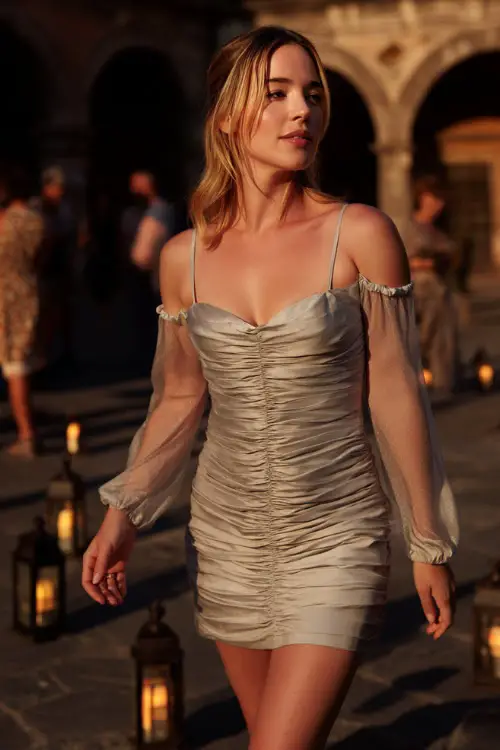 A stylish woman in a pale silver cocktail dress with a ruched bodice and chiffon sleeves, walking across a courtyard lit by lanterns at a sunset ceremony