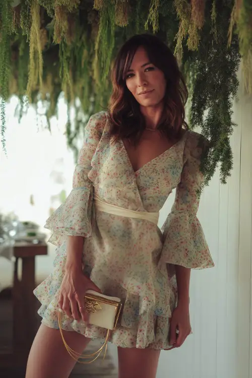 A stylish woman in a soft pastel floral mini dress with ruffled sleeves and a matching clutch, posing beside a hanging greenery installation at a boho-chic wedding 