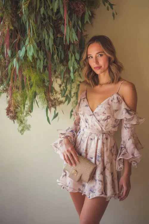 A stylish woman in a soft pastel floral mini dress with ruffled sleeves and a matching clutch, posing beside a hanging greenery installation at a boho-chic wedding