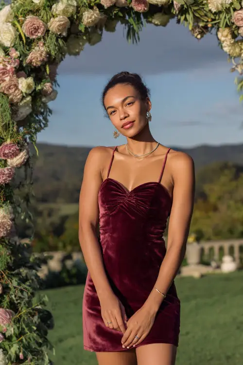 A stylish woman in a wine-colored velvet cocktail dress with a sweetheart neckline and silver earrings, posing by a grand floral arch at a sunset wedding