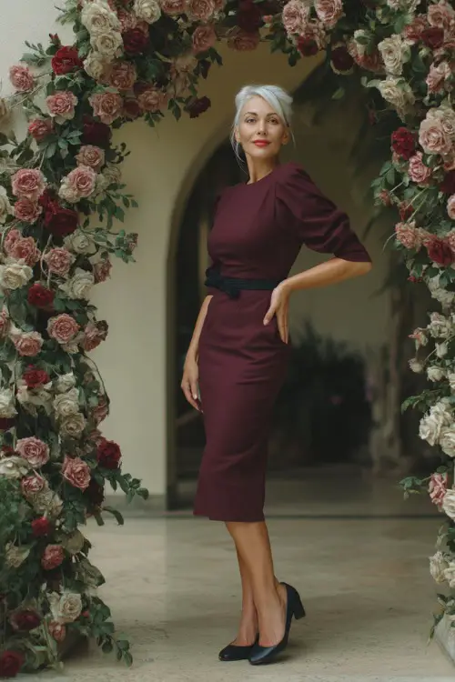 A stylish woman over 50 in a burgundy tea-length dress with fitted three-quarter sleeves and black heels, standing under an arch of roses at a fall wedding