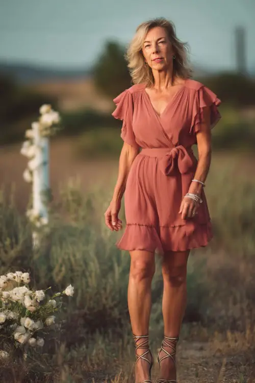 A stylish woman over 50 in a dusty rose chiffon dress with short flutter sleeves and strappy sandals, standing in a sun-dappled field decorated with simple white floral arrangements