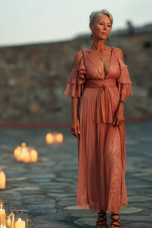 A stylish woman over 50 in a floor-length rose gold dress with flutter sleeves and elegant sandals, standing on a cobblestone path with candles around