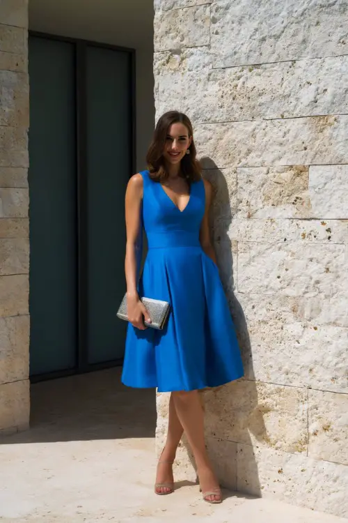A woman in a bright cobalt blue A-line cocktail dress with a v-neckline and silver clutch, standing at the entrance of a modern coastal wedding venue 