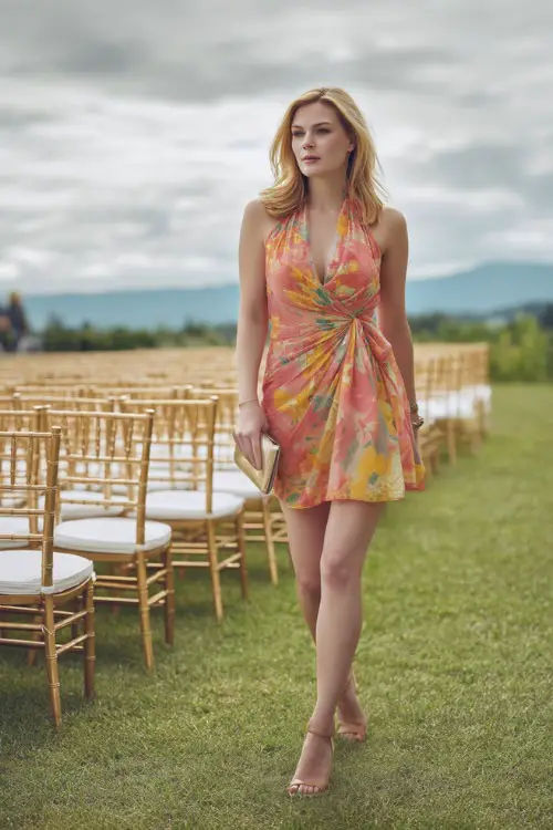 A woman in a coral and yellow floral-print short cocktail dress with a deep v-neckline and wedge heels, walking near rows of chairs set up for an outdoor ceremony 