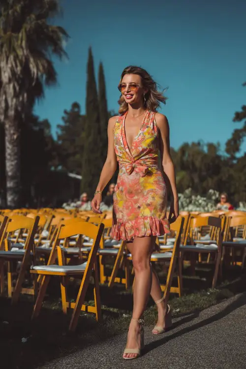 A woman in a coral and yellow floral-print short cocktail dress with a deep v-neckline and wedge heels, walking near rows of chairs set up for an outdoor ceremony 