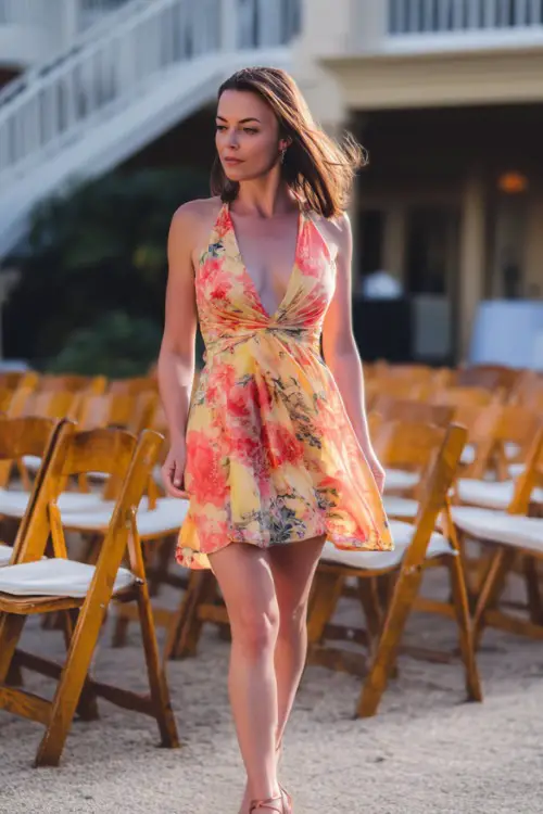 A woman in a coral and yellow floral-print short cocktail dress with a deep v-neckline and wedge heels, walking near rows of chairs set up for an outdoor ceremony