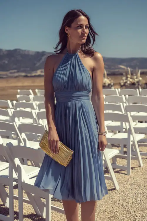 A woman in a dusty blue midi-length pleated dress with a halter neckline and gold clutch, standing beside white chairs arranged for a formal outdoor ceremony