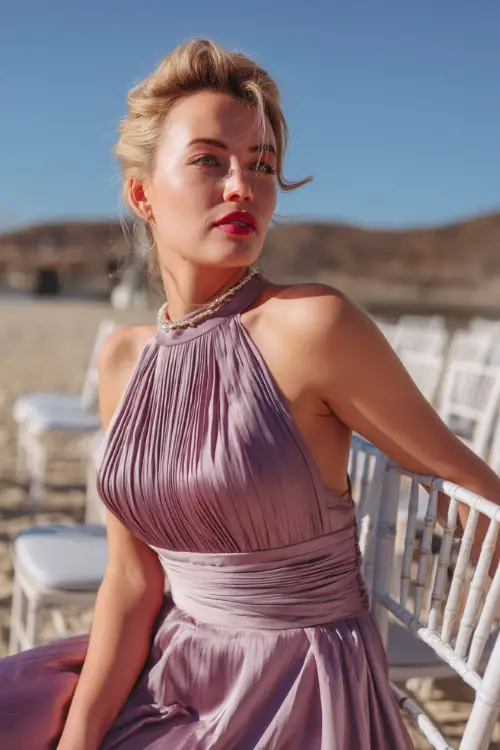 A woman in a dusty lavender satin gown with a high neckline and pleated bodice, posing near white chairs arranged for an elegant summer ceremony
