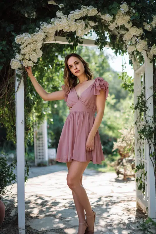 A woman in a dusty rose cocktail dress with short flutter sleeves and a flowy skirt, standing beneath a white floral arch at a summer garden wedding 