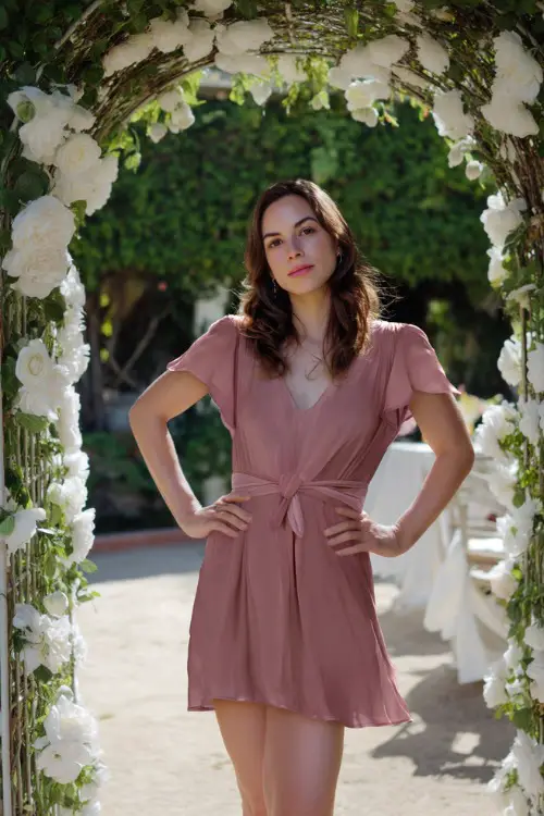 A woman in a dusty rose cocktail dress with short flutter sleeves and a flowy skirt, standing beneath a white floral arch at a summer garden wedding 