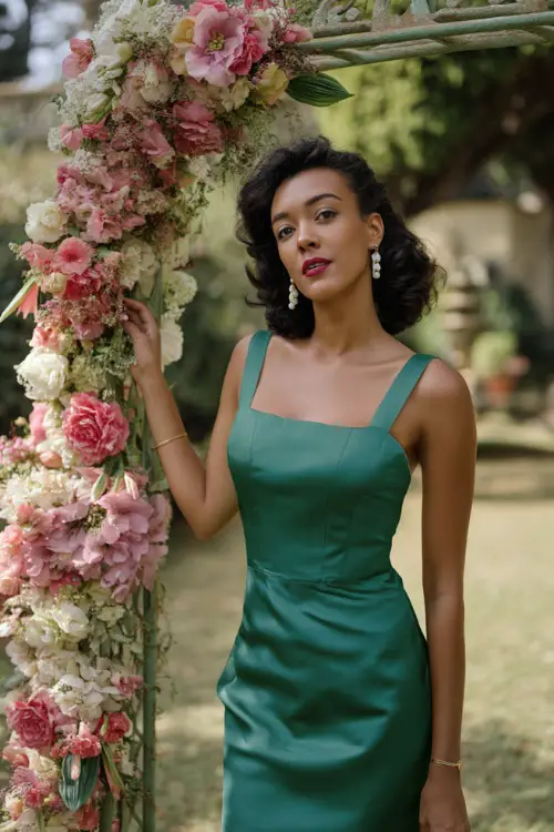 A woman in a fitted emerald green satin cocktail dress with a square neckline and pearl earrings, standing beside an ornate floral arch at a formal summer wedding