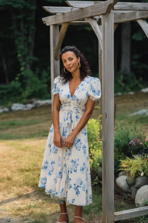 A woman in a flowy white and blue floral midi dress with short puff sleeves and sandals, standing near a wooden arch at a backyard summer wedding 
