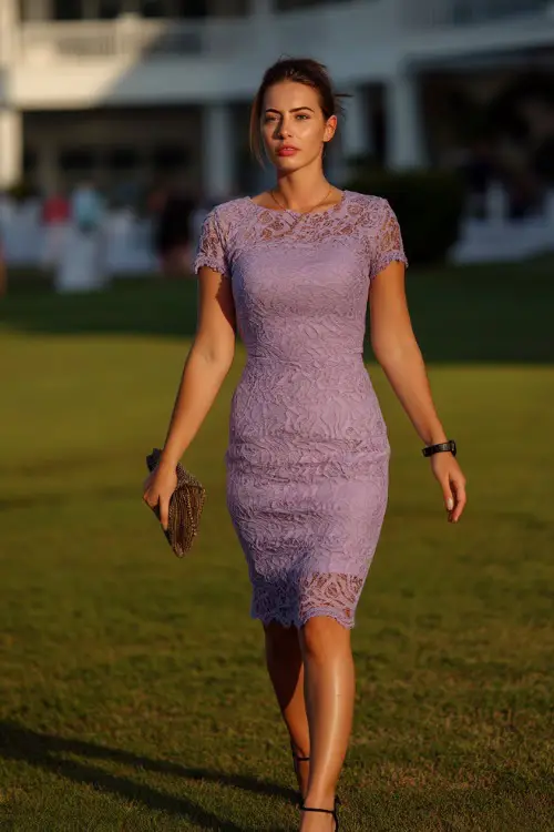 A woman in a lavender lace cocktail dress with short sleeves and a scalloped hem, walking across a manicured lawn set for a sunset wedding reception 