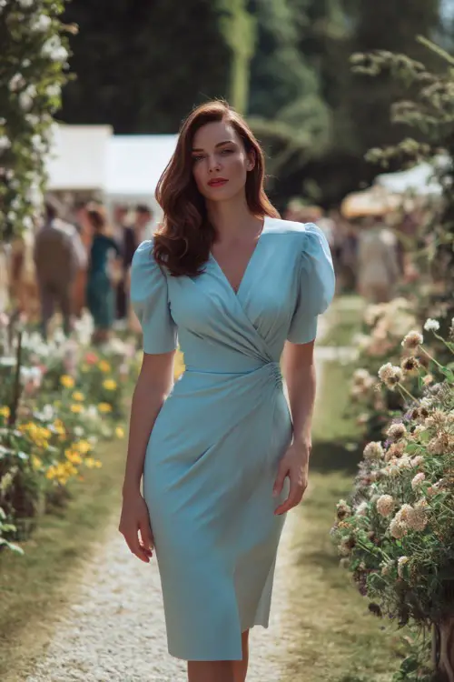 A woman in a light blue midi dress with puff sleeves and a wrap silhouette, standing near a flower-lined aisle at a summer garden wedding 
