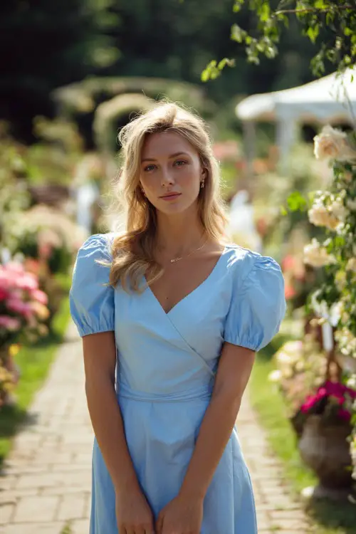 A woman in a light blue midi dress with puff sleeves and a wrap silhouette, standing near a flower-lined aisle at a summer garden wedding