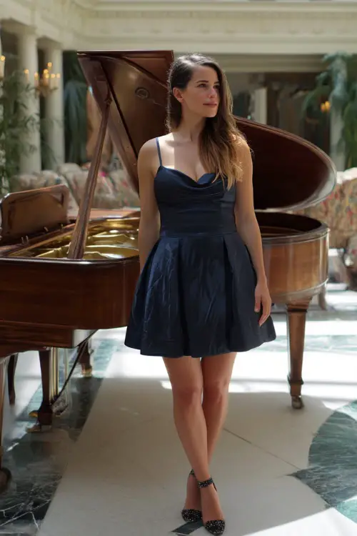 A woman in a midnight blue cocktail dress with a structured neckline and crystal-embellished heels, standing near a grand piano at a luxury indoor-outdoor summer reception 