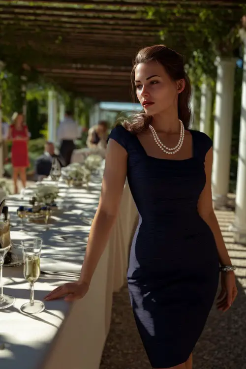 A woman in a navy blue fitted cocktail dress with cap sleeves and pearl jewelry, standing beside a long white reception table set under a pergola 