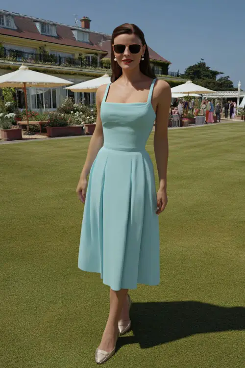 A woman in a pale blue midi dress with pleated skirt, square neckline, and pearl earrings, standing on a manicured lawn at an elegant summer wedding 