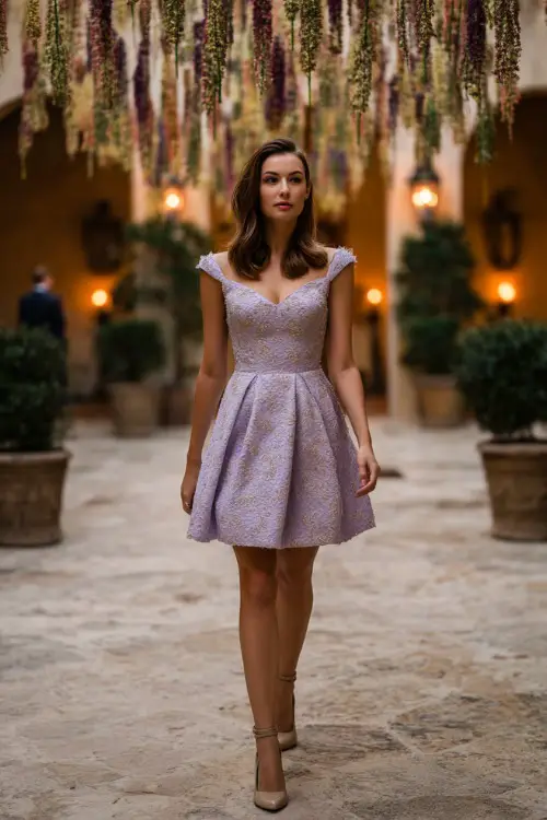 A woman in a pale lavender embellished cocktail dress with cap sleeves and neutral heels, walking through a courtyard filled with soft lighting and hanging florals