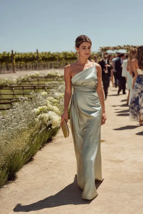 A woman in a pale sage green one-shoulder formal gown with a structured waist and gold clutch, walking beside a floral-lined aisle at a vineyard ceremony