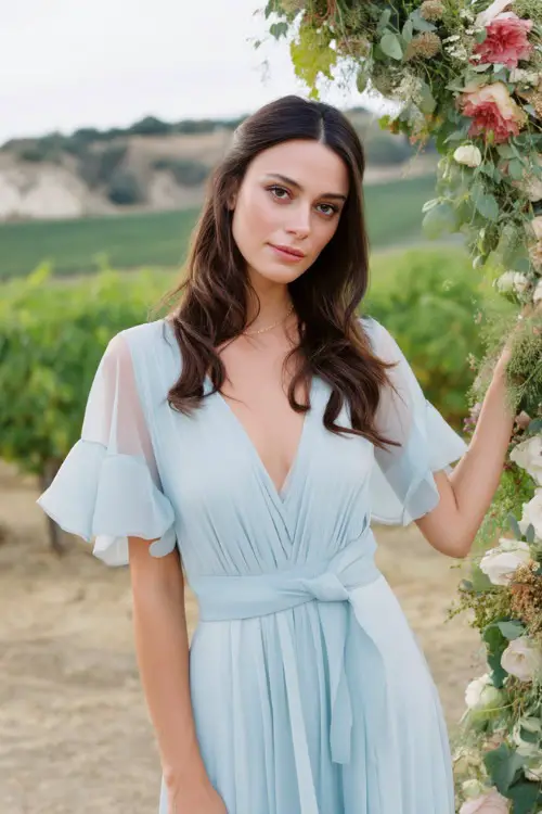 A woman in a pastel blue flowy chiffon gown with flutter sleeves and a soft pleated skirt, standing beside a floral arch at an outdoor vineyard ceremony 