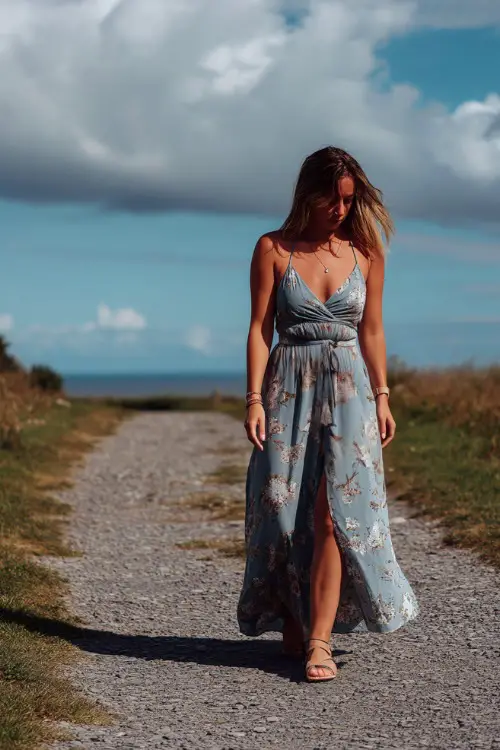 A woman in a powder blue floral-print maxi dress with a belted waist and sandals, walking along a gravel path at a beach wedding venue
