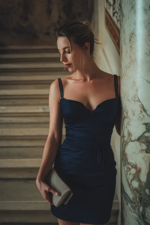 A woman in a rich navy blue cocktail dress with beaded straps and an elegant clutch, standing near a marble staircase at a luxury evening venue