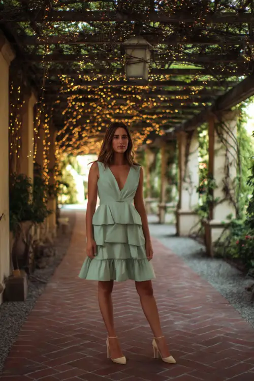 A woman in a sleeveless mint green midi dress with a ruffle hem and gold heels, standing beneath a pergola wrapped in twinkle lights and vines 