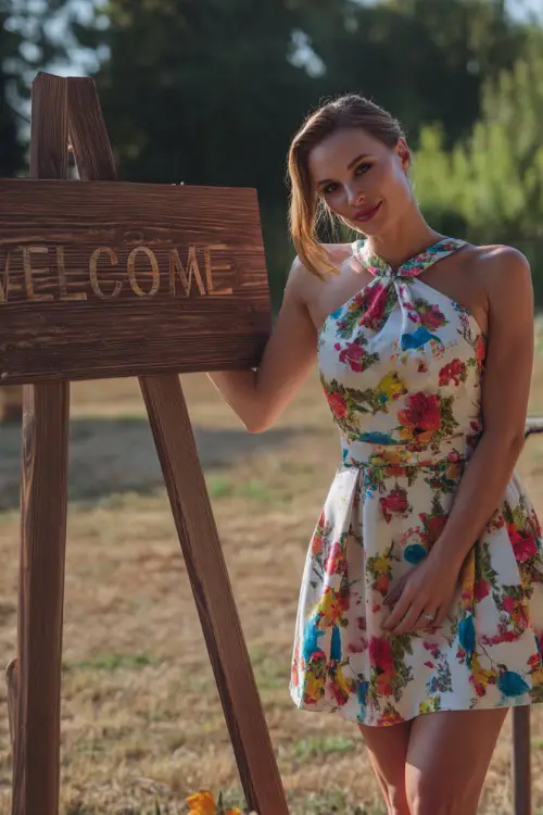 A woman in a sleeveless white cocktail dress with bright colorful floral patterns, posing by a rustic wooden welcome sign at a countryside summer wedding