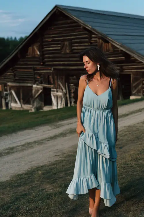 A woman in a soft blue high-low hem dress with layered ruffles and simple drop earrings, walking near a rustic barn wedding venue in the evening light