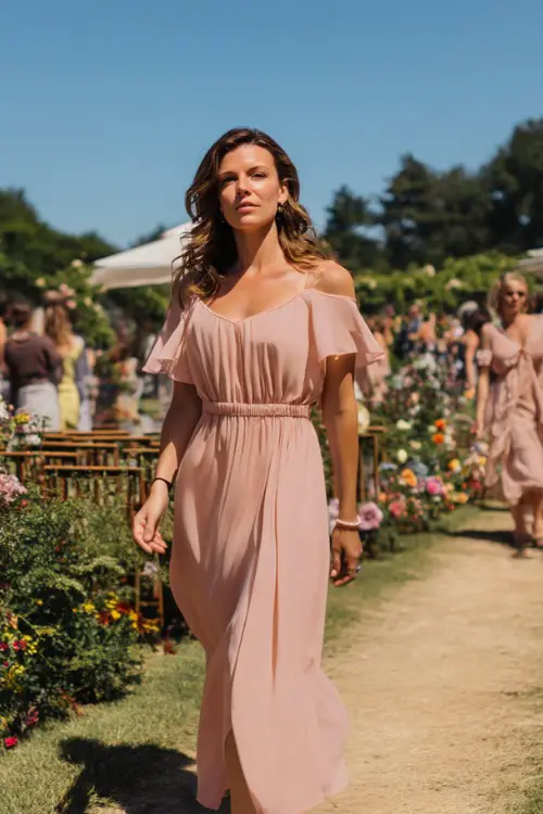 A woman in a soft blush pink flowy chiffon dress with flutter sleeves and ankle-strap sandals, walking through a flower-lined aisle at a summer garden wedding 