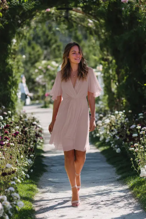 A woman in a soft blush pink flowy chiffon dress with flutter sleeves and ankle-strap sandals, walking through a flower-lined aisle at a summer garden wedding