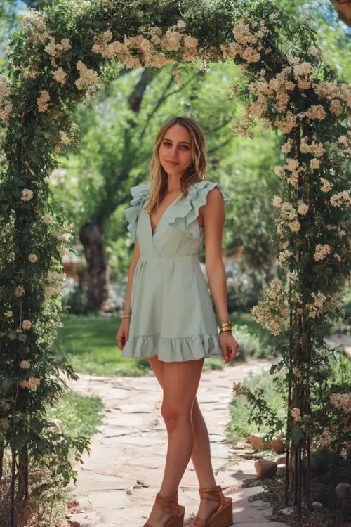 A woman in a soft mint green short dress with ruffled sleeves and tan wedge sandals, posing by a flower arch at a daytime garden wedding 