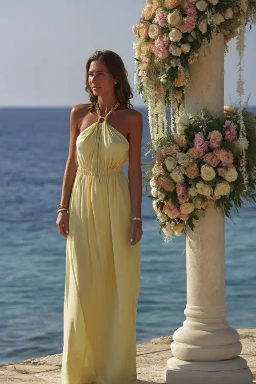 A woman in a soft pastel yellow maxi dress with delicate shoulder ties and a gathered bodice, standing beside a decorated ceremony altar near the sea