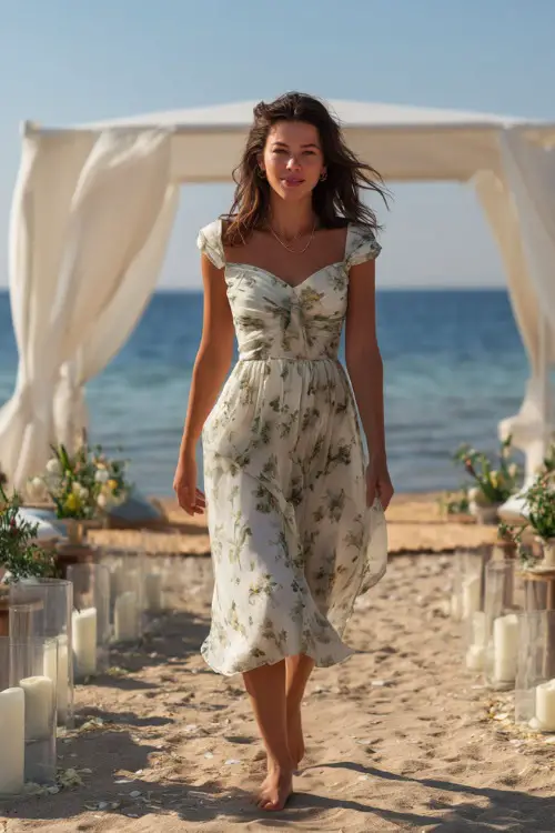 A woman in a soft white and green floral flowy midi dress with cap sleeves, walking barefoot along a beachside wedding ceremony setup 