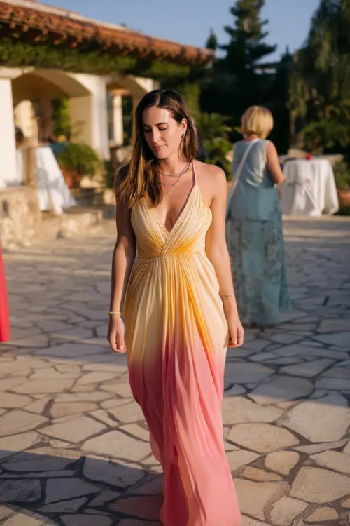 A woman in a two-tone flowy ombré dress in sunset colors, walking on a stone courtyard with guests in the background at a warm-weather destination wedding 