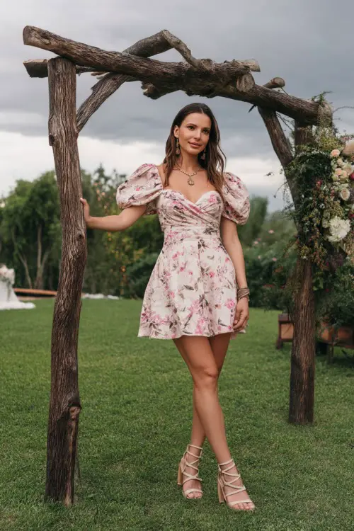 A woman in a white and pink floral cocktail dress with puff sleeves and strappy sandals, standing beside a rustic wooden arch at a garden wedding 