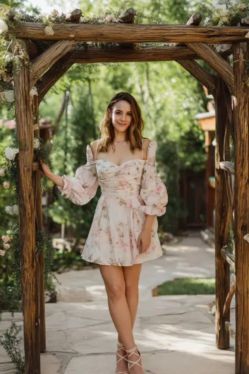 A woman in a white and pink floral cocktail dress with puff sleeves and strappy sandals, standing beside a rustic wooden arch at a garden wedding 