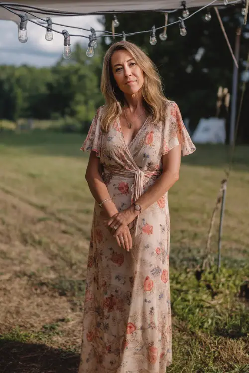 A woman over 50 in a flowy floral maxi dress with short flutter sleeves and wedge sandals, standing under a simple canopy with string lights at a countryside summer wedding