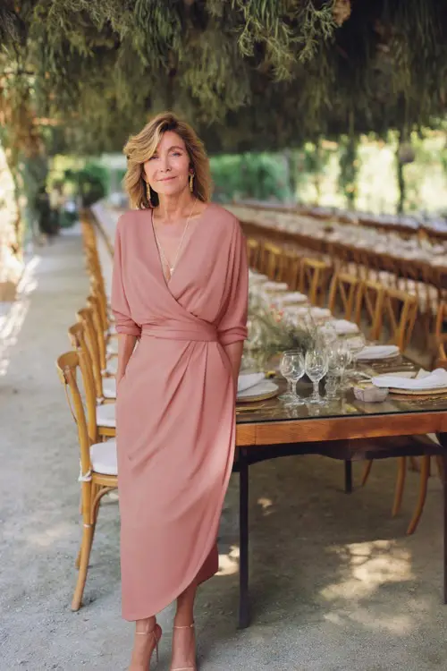 A woman over 50 in a lightweight dusty rose wrap dress with elbow-length sleeves and heels, standing beside a long outdoor wedding table under hanging greenery