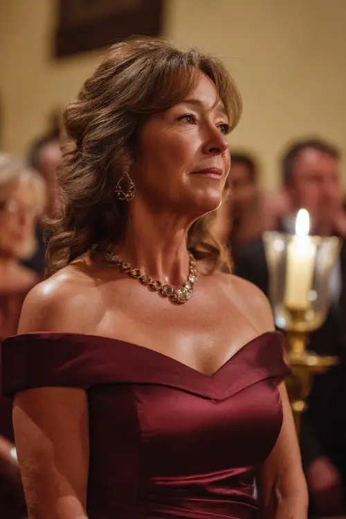 A woman over 50 in a long burgundy satin gown with an off-the-shoulder neckline and elegant jewelry, standing at a candlelit indoor wedding ceremony 