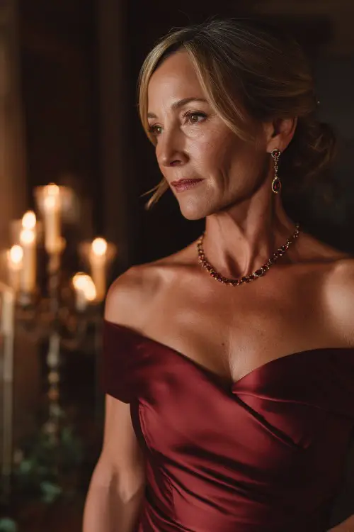 A woman over 50 in a long burgundy satin gown with an off-the-shoulder neckline and elegant jewelry, standing at a candlelit indoor wedding ceremony